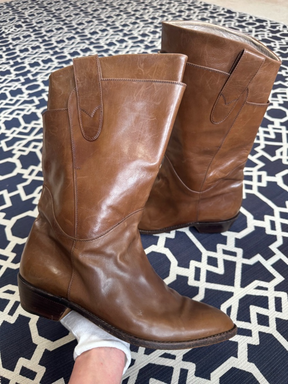 Ottorino Bossi Brown Genuine Leather Mid Calf Boots Italy Pull On Western